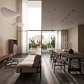 Modern Cozy Minimalist Living And Dining Room With Warm Wooden Furniture And Ample Natural Light
