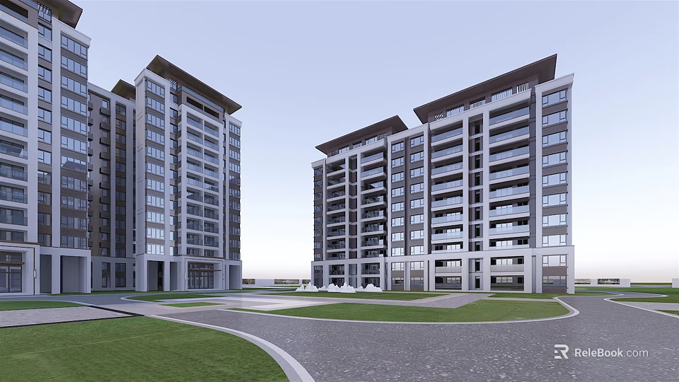 Modern High Rise Residential Building With Glass Facade Green Area And Community Driveway 3d model 