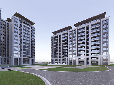 Modern High Rise Residential Building With Glass Facade Green Area And Community Driveway 3d model