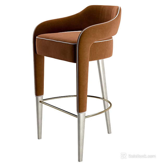Modern Brown Velvet Bar Stool With Curved Armrests Metal Legs Footrest 3d model 