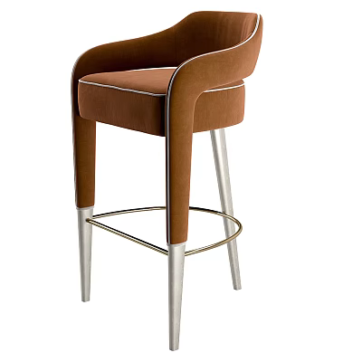 Modern Brown Velvet Bar Stool With Curved Armrests Metal Legs Footrest 3d model