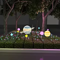 Colorful Outdoor Lights On Green Lawn With Circular Moon Pattern And Spherical Lamps