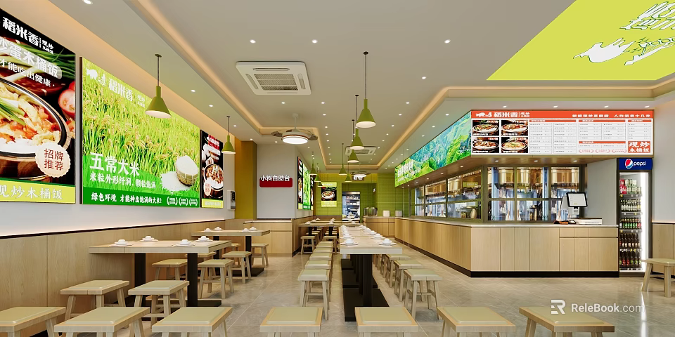 Modern Restaurant Interior With Long Tables Stools Green Decor And Menu 3d model 
