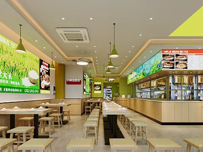 Modern Restaurant Interior With Long Tables Stools Green Decor And Menu 3d model