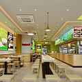 Modern Restaurant Interior With Long Tables Stools Green Decor And Menu