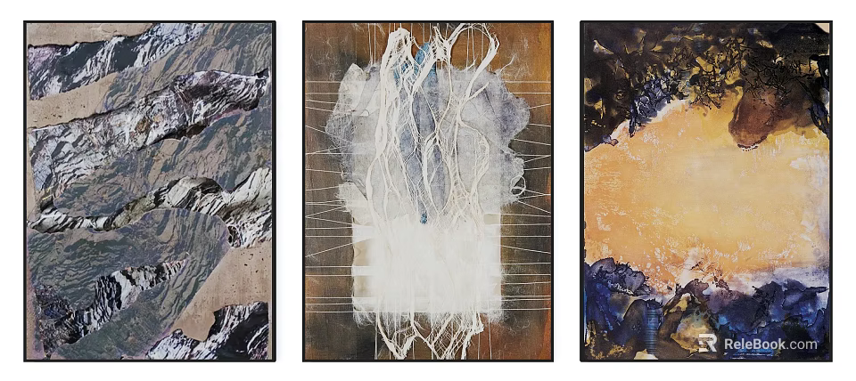 Three Abstract Art Paintings With Textured Patterns And Colorful Canvas Panels 3d model 