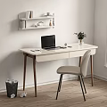 Modern Simple Desk Setup With Laptop Chair Wall Shelf Books And Wooden Floor