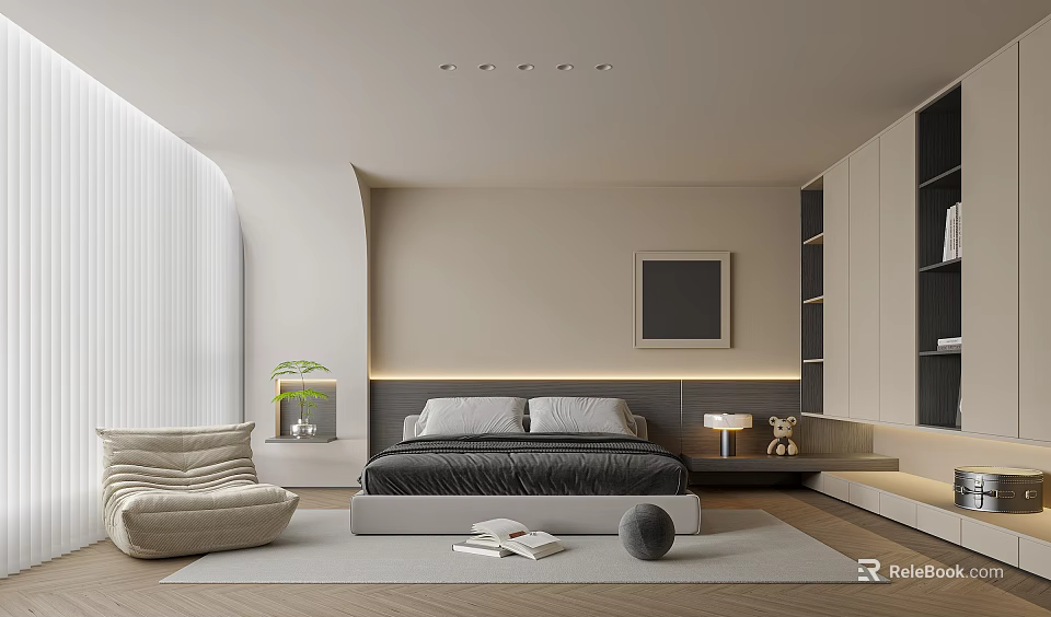 Modern Bedroom Interior Design With Neutral Tones Bed Headboard Wardrobe Chair Rug And Artwork 3d model 