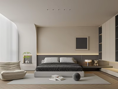 Modern Bedroom Interior Design With Neutral Tones Bed Headboard Wardrobe Chair Rug And Artwork 3d model