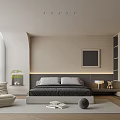 Modern Bedroom Interior Design With Neutral Tones Bed Headboard Wardrobe Chair Rug And Artwork