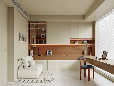Modern Minimalist Study Room Interior With Glass Door Bookcases Writing Desk And White Sofa 3d model