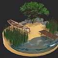Scenic Natural Landscape With Wooden Bridge Small Boat Tree Reeds Rocks And Water