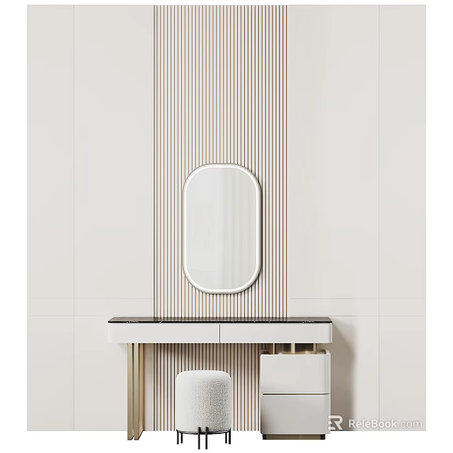 Modern Dressing Table With Oval Mirror Striped Wall And Black Countertop 3d model 
