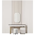 Modern Dressing Table With Oval Mirror Striped Wall And Black Countertop
