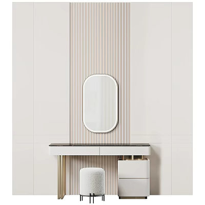 Modern Dressing Table With Oval Mirror Striped Wall And Black Countertop 3d model
