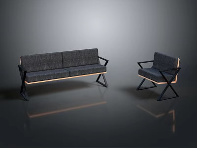 Modern Two Piece Sofa Set With Dark Gray Fabric And Black Metal Frame Armchair 3d model
