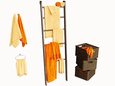 Ladder Style Bathroom Rack with Yellow Orange Towels and Wicker Storage Baskets 3d model