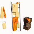 Ladder Style Bathroom Rack with Yellow Orange Towels and Wicker Storage Baskets