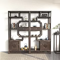 Traditional Wooden Chinese Display Shelf With Decorative Vases Books Drawers And Cabinet Doors