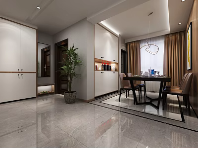 Modern Dining Room Interior Design With White Cabinets Dining Table Chairs And Hanging Lamp 3d model