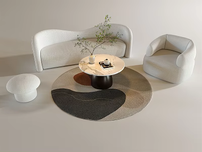 Elegant Modern Curved White Sofa And Marble Coffee Table Set With Round Rug And Plant 3d model