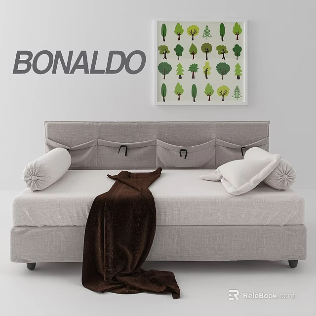 BONALDO Kids Bed With Light Grey Frame Tree Pattern Wall Art Pillows And Brown Blanket 3d model 