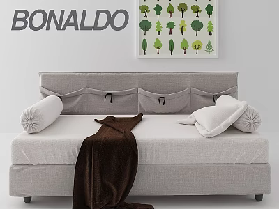 BONALDO Kids Bed With Light Grey Frame Tree Pattern Wall Art Pillows And Brown Blanket 3d model