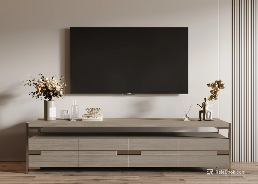Modern TV Stand With Flat Screen TV Decorative Vases And Storage Drawers 3d model 