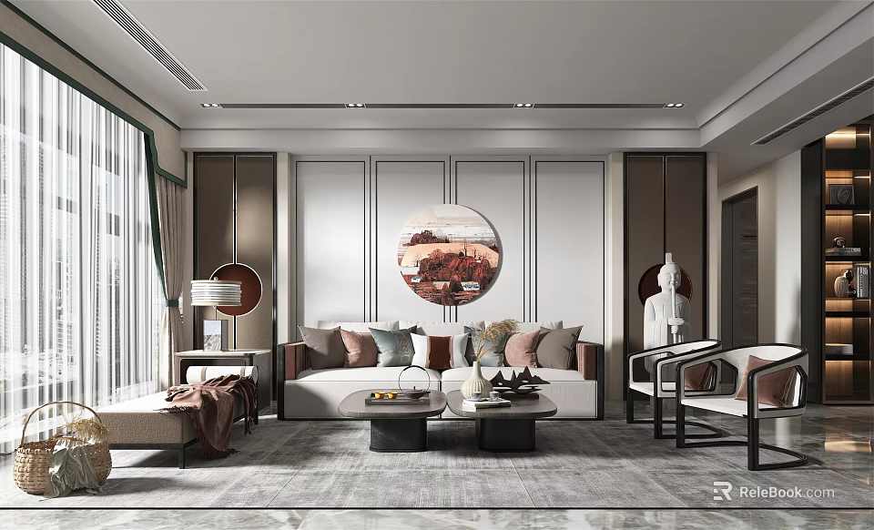 Elegant Modern Living Room Interior Design With Circular Decorative Painting Sofa Armchairs And Coffee Tables 3d model 