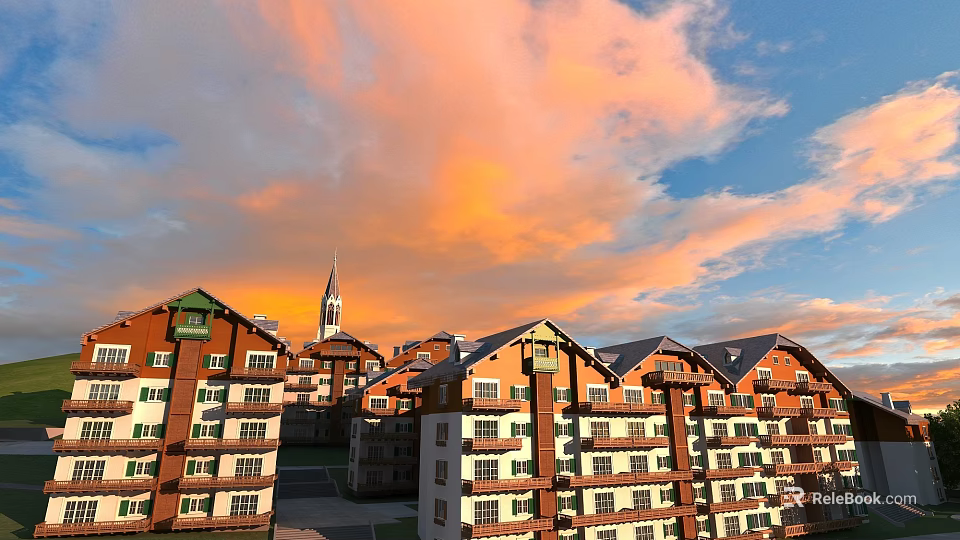 Residential Building Complex With Red Brick White Walls Featuring Spire Under Orange Sunset Sky Clouds 3d model 