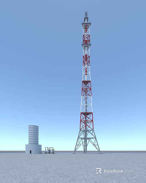 Tall Red And White Communication Tower With Metal Framework And Adjacent Cylindrical Structure 3d model 