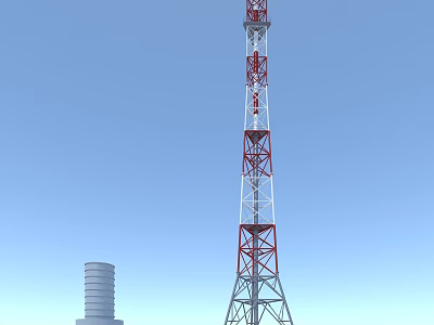 Tall Red And White Communication Tower With Metal Framework And Adjacent Cylindrical Structure 3d model