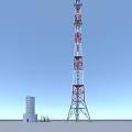 Tall Red And White Communication Tower With Metal Framework And Adjacent Cylindrical Structure