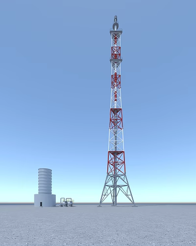 Tall Red And White Communication Tower With Metal Framework And Adjacent Cylindrical Structure 3d model