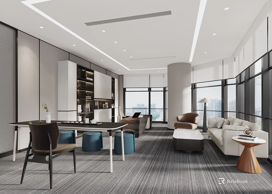 Modern Office Interior With Desk Sofa Bookshelf Coffee Table And Large Windows 3d model