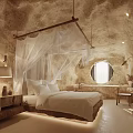 Cave Style Hotel Room With Stone Walls White Canopy Wooden Nightstand Round Window Natural Light
