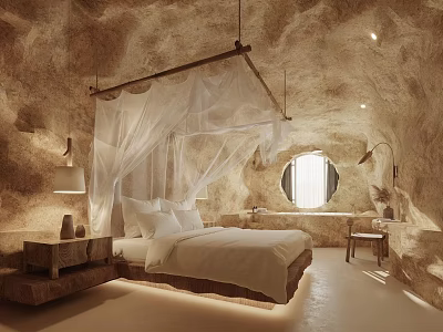 Cave Style Hotel Room With Stone Walls White Canopy Wooden Nightstand Round Window Natural Light 3d model