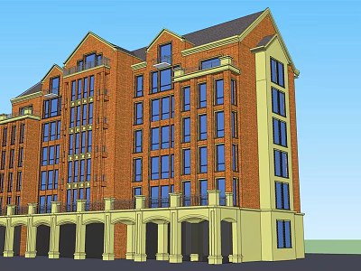 Multi Story Red Brick Building with Classic Design Windows and Columns at Base 3d model