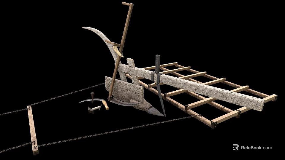 Traditional Agricultural Equipment Including Wooden Plow Sickle And Metal Tools 3d model 