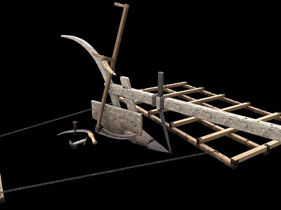 Traditional Agricultural Equipment Including Wooden Plow Sickle And Metal Tools 3d model