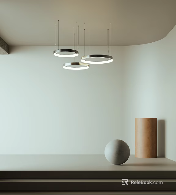 Modern Circular Pendant Lights In Interior With Light Wall And Decorative Objects 3d model