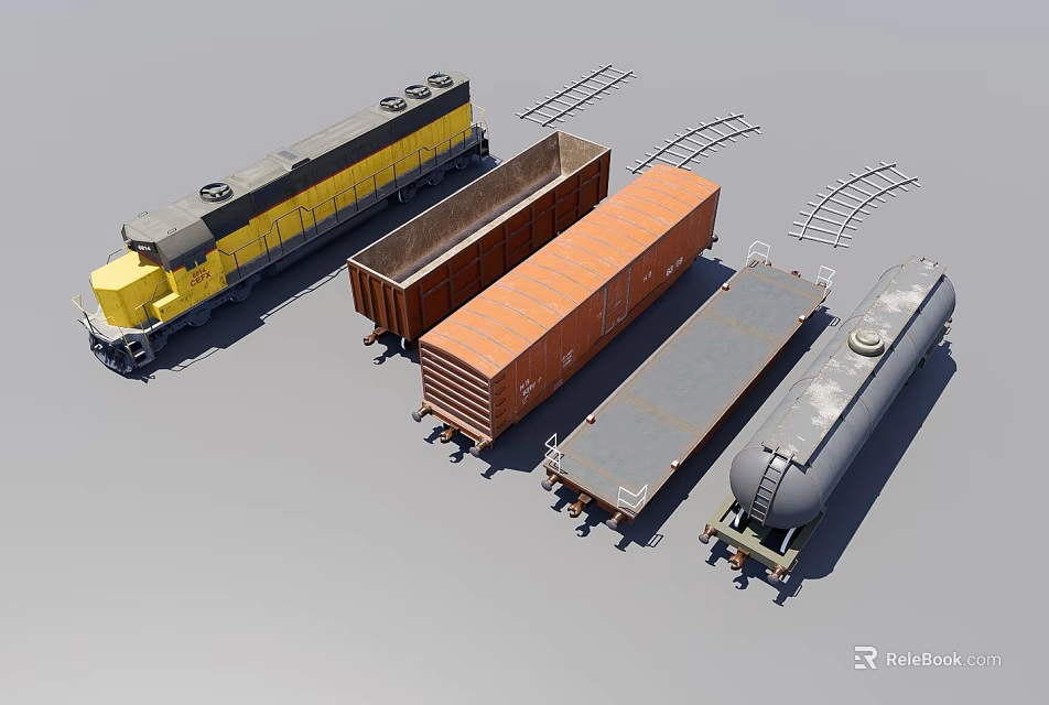 Yellow and Black Locomotive with Various Railroad Cars and Train Tracks 3d model 