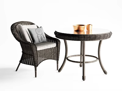 Wicker Round Table And Chair Set With Cushions And Golden Cups 3d model