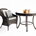 Wicker Round Table And Chair Set With Cushions And Golden Cups