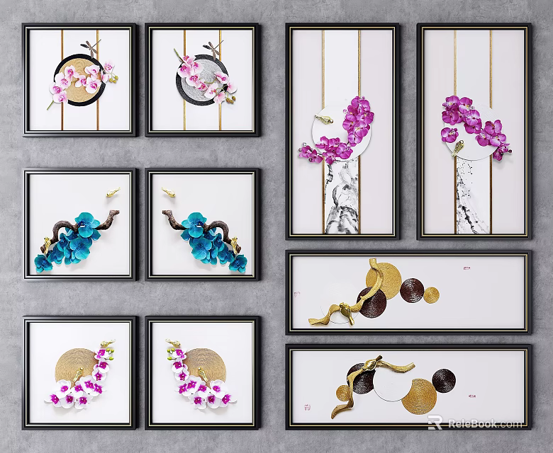 Colorful Flower Themed Decorative Paintings With Black Frames On Grey Wall 3d model