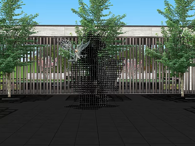 Modern Garden Landscape With Black Metal Sculpture Green Trees And Grille Structure 3d model