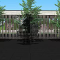 Modern Garden Landscape With Black Metal Sculpture Green Trees And Grille Structure