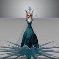 Elsa Raising Hands In Teal Gown With Snowflakes On Ice Crystal Platform