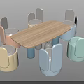 Modern Exhibition Tables and Chairs with Wooden Tabletop and Pastel Colored Seats