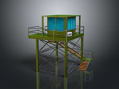 Scenic View Observation From Green Metal Watchtower With Glass Enclosed Control Room And Staircase 3d model